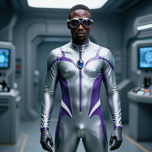 Photorealistic image of a Black man in a silver and purple metallic bodysuit with a blue emblem, wearing large sunglasses, standing in a futuristic