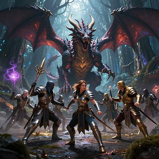Digital fantasy artwork: Five armored warriors confront a massive, horned, red-winged dragon in a mystical forest, with glowing purple magic and sunlight filtering