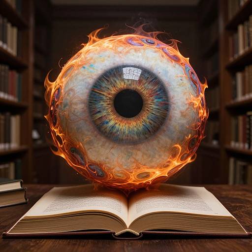Photograph of a fiery, realistic, blue-eyed eyeball hovering above an open book in a dimly lit library. Blurry bookshelves in