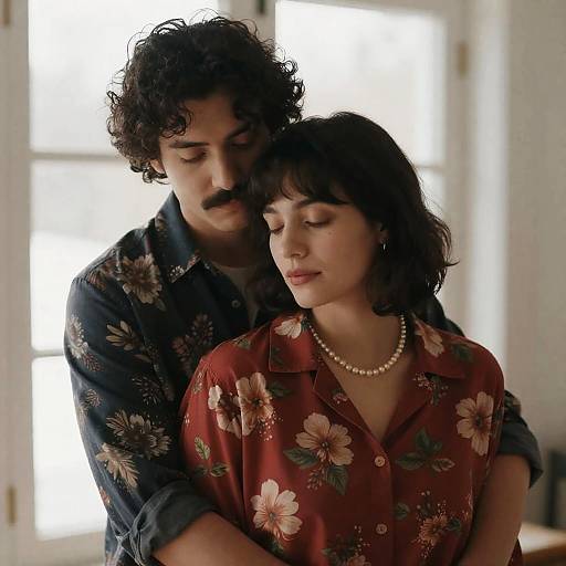 Couple Embracing Indoors in Floral Shirts