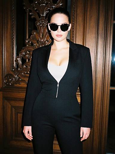 Photograph of a woman with pale skin and dark hair, wearing black sunglasses, a deep V-neck black jumpsuit, and a confident pose, standing