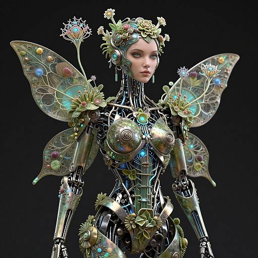 CGI image of a futuristic, mechanical fairy with transparent, iridescent wings, floral headpiece, and metallic body adorned with colorful flowers and lights