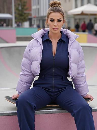 Photograph of a confident woman with light brown hair in a bun, wearing a white puffer jacket over a black jumpsuit, sitting on a pink