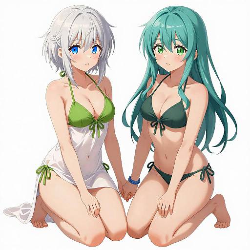 Anime Two Girls in Swimwear Kneeling