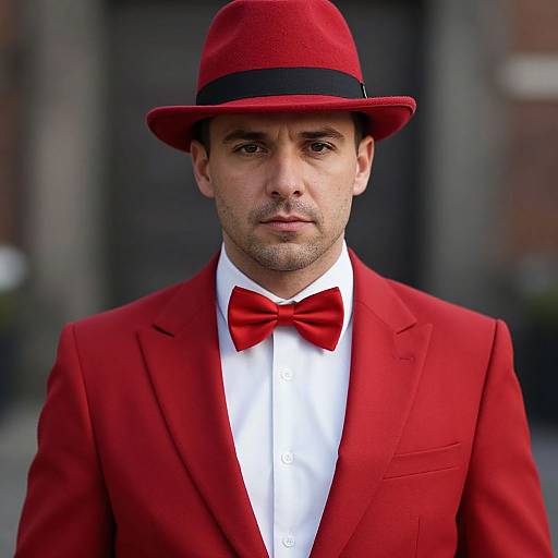 Photograph of a man with light skin and brown eyes, wearing a bright red fedora, red bow tie, and matching red suit, standing outdoors