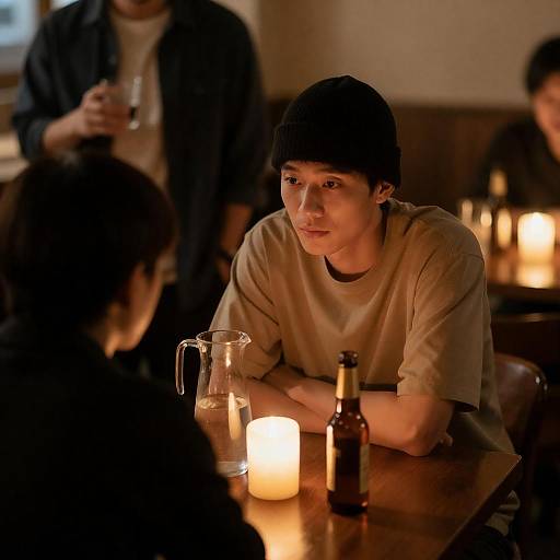 Young man in dimly lit café