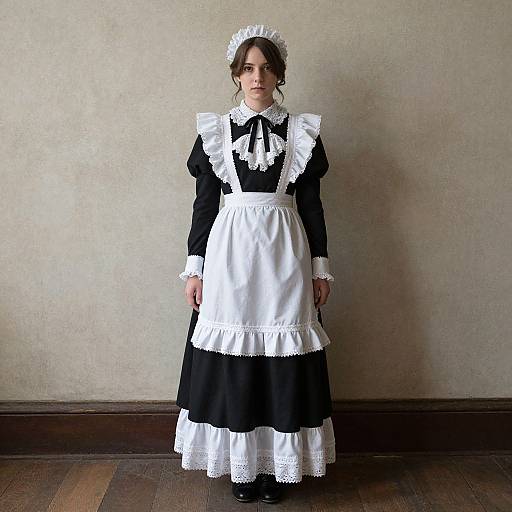 Photograph of a young woman in a classic black and white French maid outfit, standing against a plain beige wall on wooden floor.