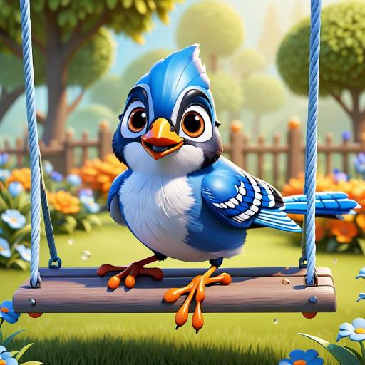 Charming 3D Cartoon Blue Jay on Swing