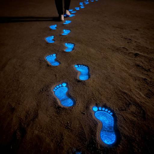 Photograph of glowing blue footprints on dark sand, illuminated by a light source, with a person's legs visible at the top.