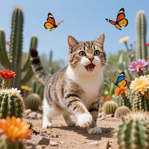 Photograph of a playful, tabby kitten running through a vibrant desert landscape with colorful cacti and orange flowers, chased by two orange and black