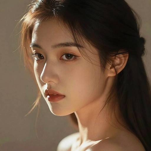 Photograph of an East Asian woman with long, dark brown hair, fair skin, and soft, natural makeup, illuminated by sunlight. Her expression is