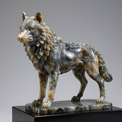 Glossy Obsidian Wolf Statue with Onyx Inlay