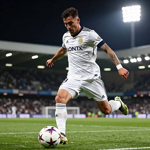 Photograph of a male soccer player in a white Juventus uniform with black accents, mid-action on a brightly lit stadium field.