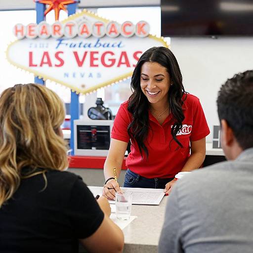Photograph of a smiling brunette woman in a red shirt, signing papers at a casino news desk, with two partially visible people in front. Bright,