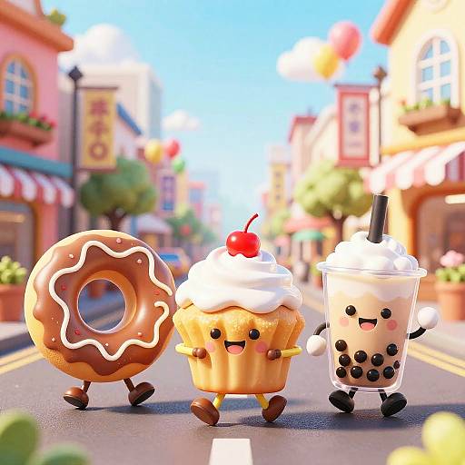 Kawaii Food Characters on City Street