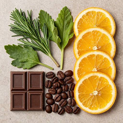 Photograph of dark chocolate squares, coffee beans, fresh green herbs, and three bright orange slices arranged on a light gray background.