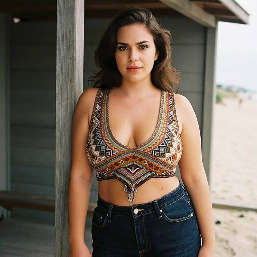 Photograph of a curvy woman with light skin and brown wavy hair, wearing a patterned crop top and dark jeans, standing outdoors by a