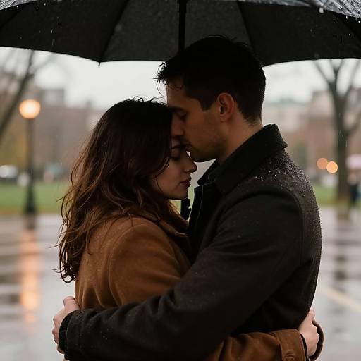 Photograph of a couple under a black umbrella, sharing a tender kiss in a rainy park, wearing brown and dark coats.