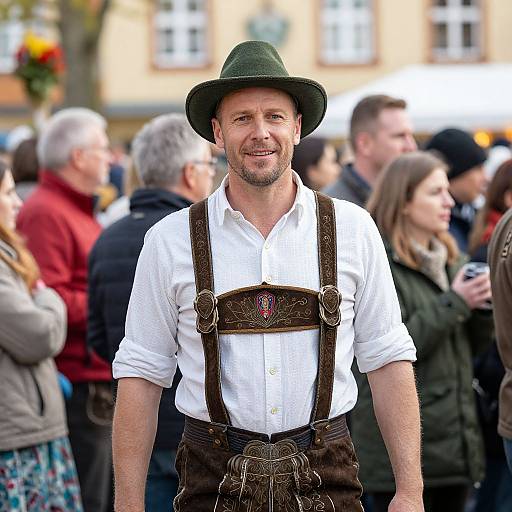 Photograph of a smiling middle-aged man with a green hat, white shirt, brown leather suspenders, and Bavarian-style pants, standing in a