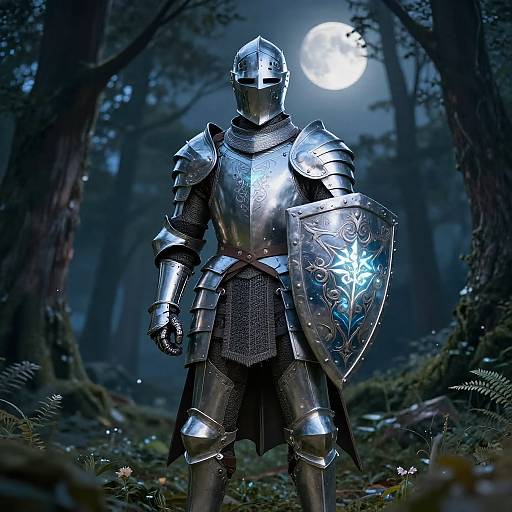 Knight in Silver Armor Holding Intricate Shield in Moonlit Forest