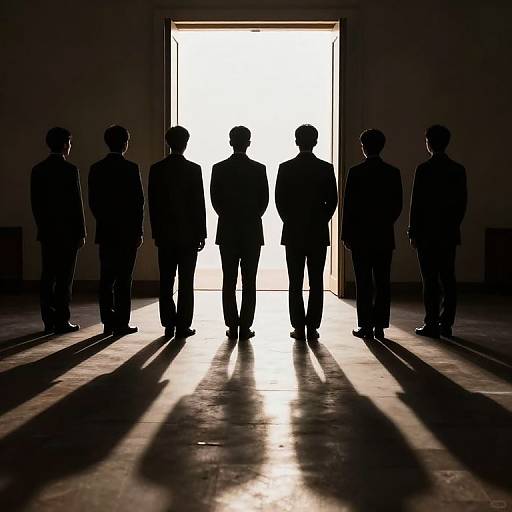 Silhouetted Figures at Radiant Doorway