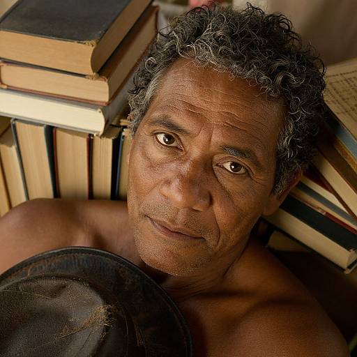 Photograph of an older, shirtless man with curly gray hair, lying down among stacked books, gazing directly at the camera. Warm, natural