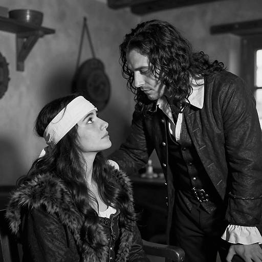 Black and White 18th Century Couple in Rustic Room