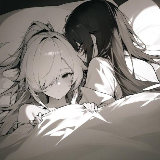 Monochrome Art of Two Ponytailed Girls