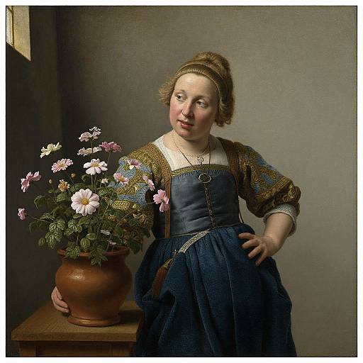 Baroque-style painting of a young woman in a blue dress, standing beside a flowerpot with pink and white flowers. She has a headscarf