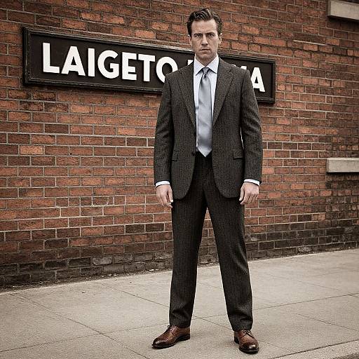 Photograph of a serious, dark-haired man in a black pinstripe suit, white shirt, and black tie, standing in front of a brick