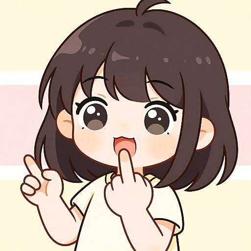 Chibi-style digital drawing of a cute, black-haired girl with large, shiny eyes, blushing cheeks, and a surprised expression, making a 