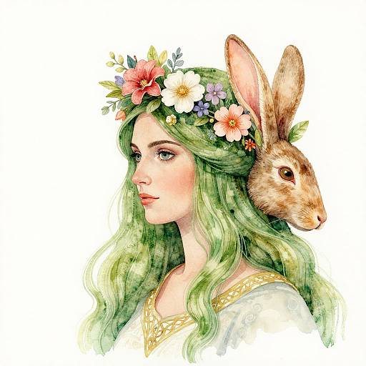 Watercolor illustration of a green-haired woman with a flower crown, wearing a white dress, with a brown rabbit's head beside her.