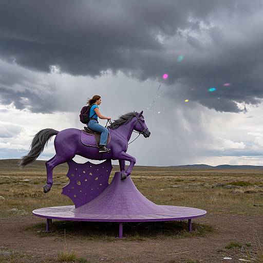 Photograph of a woman with curly brown hair riding a purple horse sculpture with a purple ramp, under a stormy, cloudy sky in a grassy