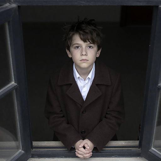 Young Boy in Window with Serious Expression
