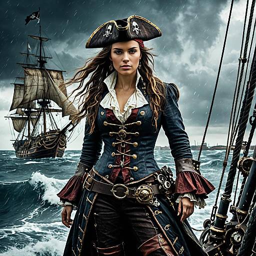 Majestic Female Pirate Captain in Stormy Sea
