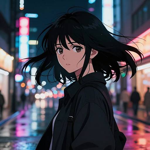 Anime-style digital illustration of a black-haired woman in a black hoodie standing on a neon-lit, rain-soaked city street at night.