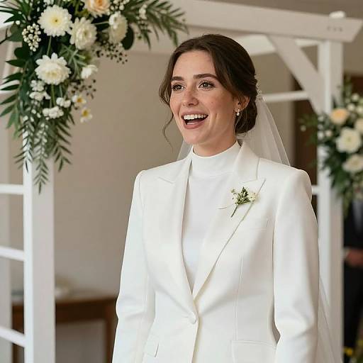 Photograph of a smiling bride in a white suit with a floral boutonniere, standing in a wedding arch adorned with white flowers and greenery