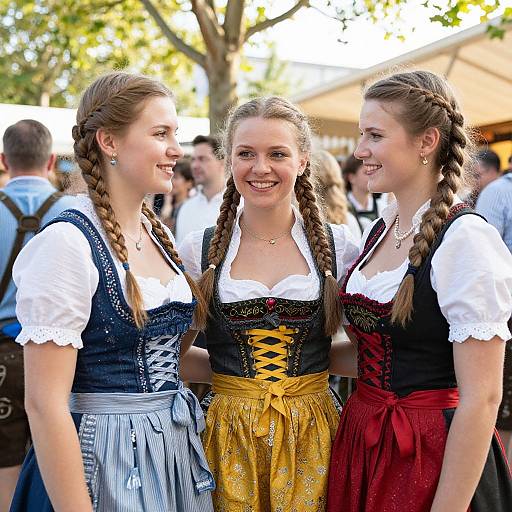 Photograph of three smiling young women with braided hair, wearing traditional German dirndls in black, yellow, and red, standing outdoors.