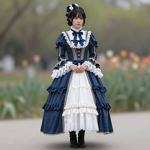 Photograph of an Asian woman in a detailed, Victorian-style navy blue and white dress with lace, standing in a blurred garden.
