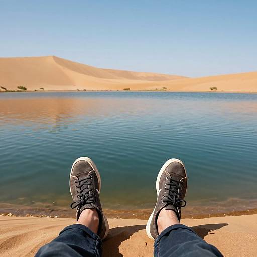 Photograph of feet in black sneakers, legs in blue jeans, overlooking a calm blue lake with golden sand dunes under clear sky.
