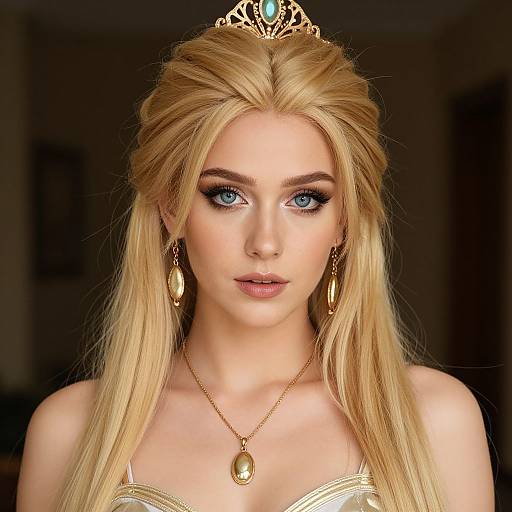 Digital portrait of a blonde woman with blue eyes, wearing a golden tiara, earrings, and necklace, in a dark background.