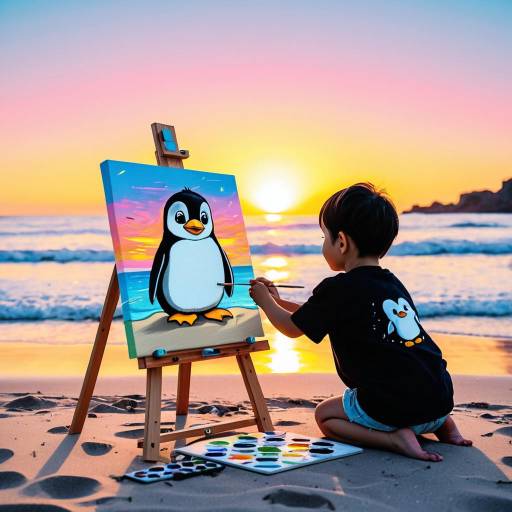 Chibi Penguin Painting at Sunset Beach