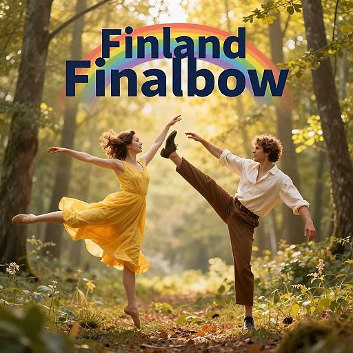 Dancers in Forest with Rainbow Text