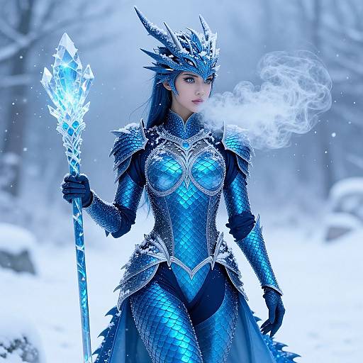 Digital artwork of a blue-haired woman in icy blue, spiked armor holding a glowing crystal staff, exhaling mist in a snowy forest.