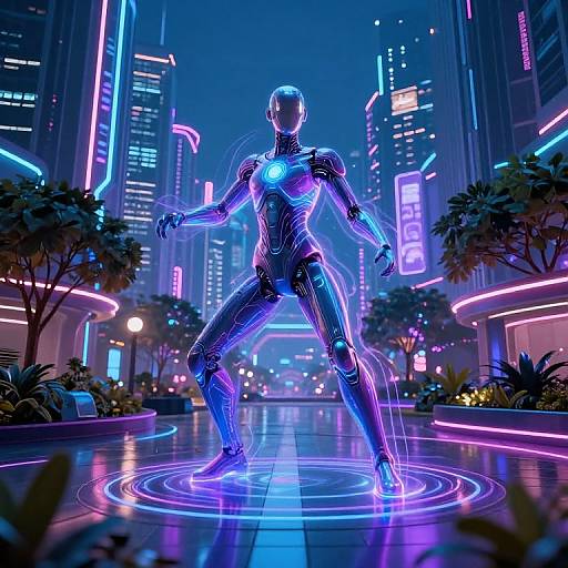 Neon-lit cyberpunk cityscape with a glowing, futuristic, silver humanoid robot standing on a circular, illuminated platform, surrounded by vibrant, neon