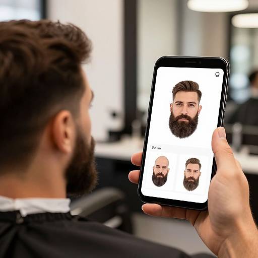 Photograph of a bearded man in a salon, seen from the back, holding a phone with three bearded avatar options on the screen.