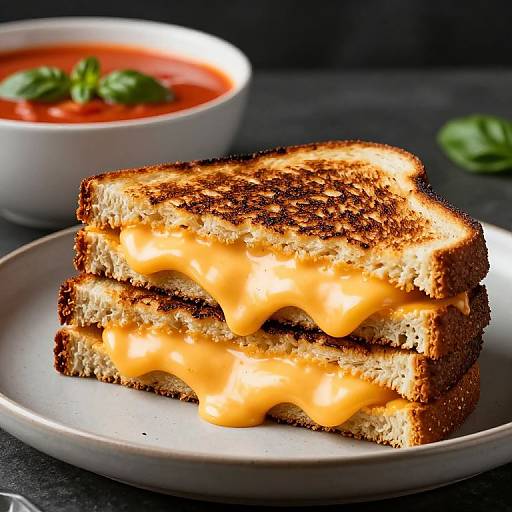 Photograph of grilled cheese sandwich with melted orange cheese, on a white plate, beside a bowl of red tomato soup with basil.