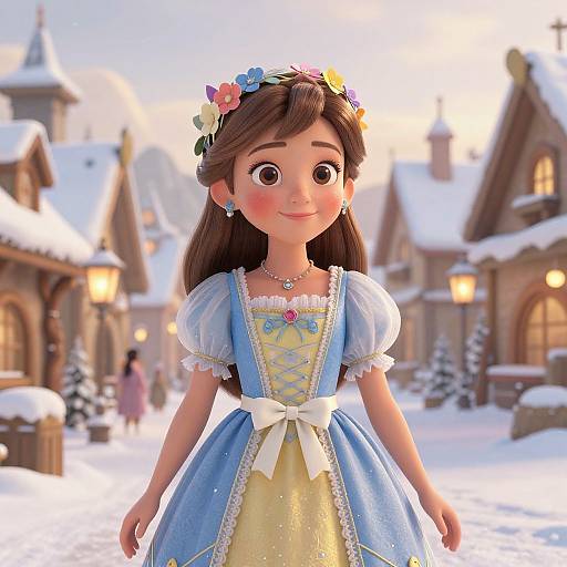 CGI image of a Disney-style girl with brown hair, wearing a blue and yellow dress, flower crown, and white ribbon, in a snowy,