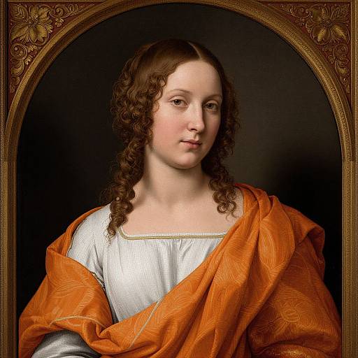 Renaissance portrait of a young woman with curly brown hair, fair skin, wearing a white dress and orange shawl, framed in an ornate