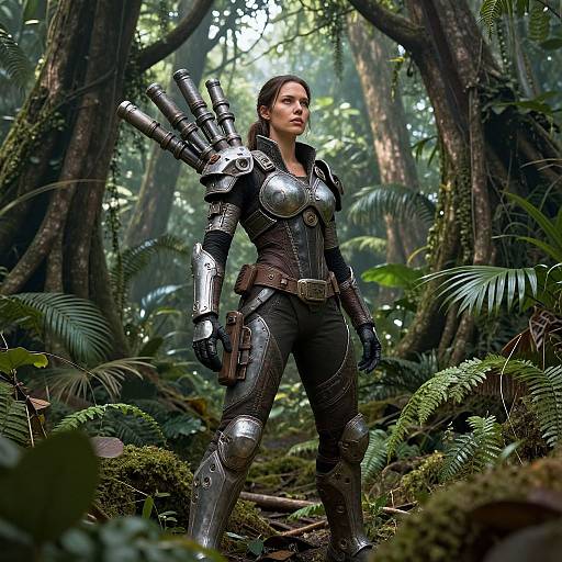 Photorealistic CGI of a woman in futuristic, metallic armor with arm cannons, standing confidently in a dense, lush jungle.